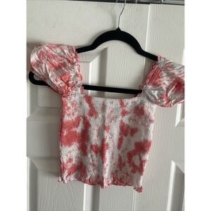 Skemo Tie Dye Smocked Crop Top Womens Size XS Pink White Boho Ruffle Festival